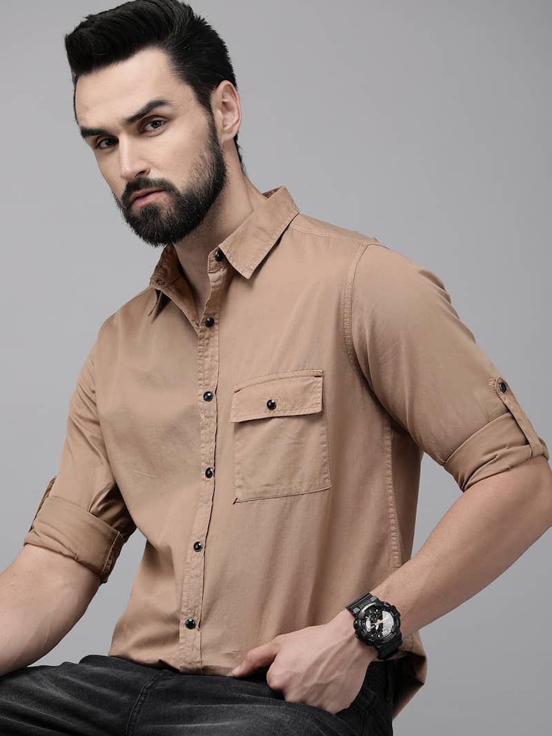 پیراهن مردانه کرم قهوه ای با پارچه لطیف و خوش دوخت